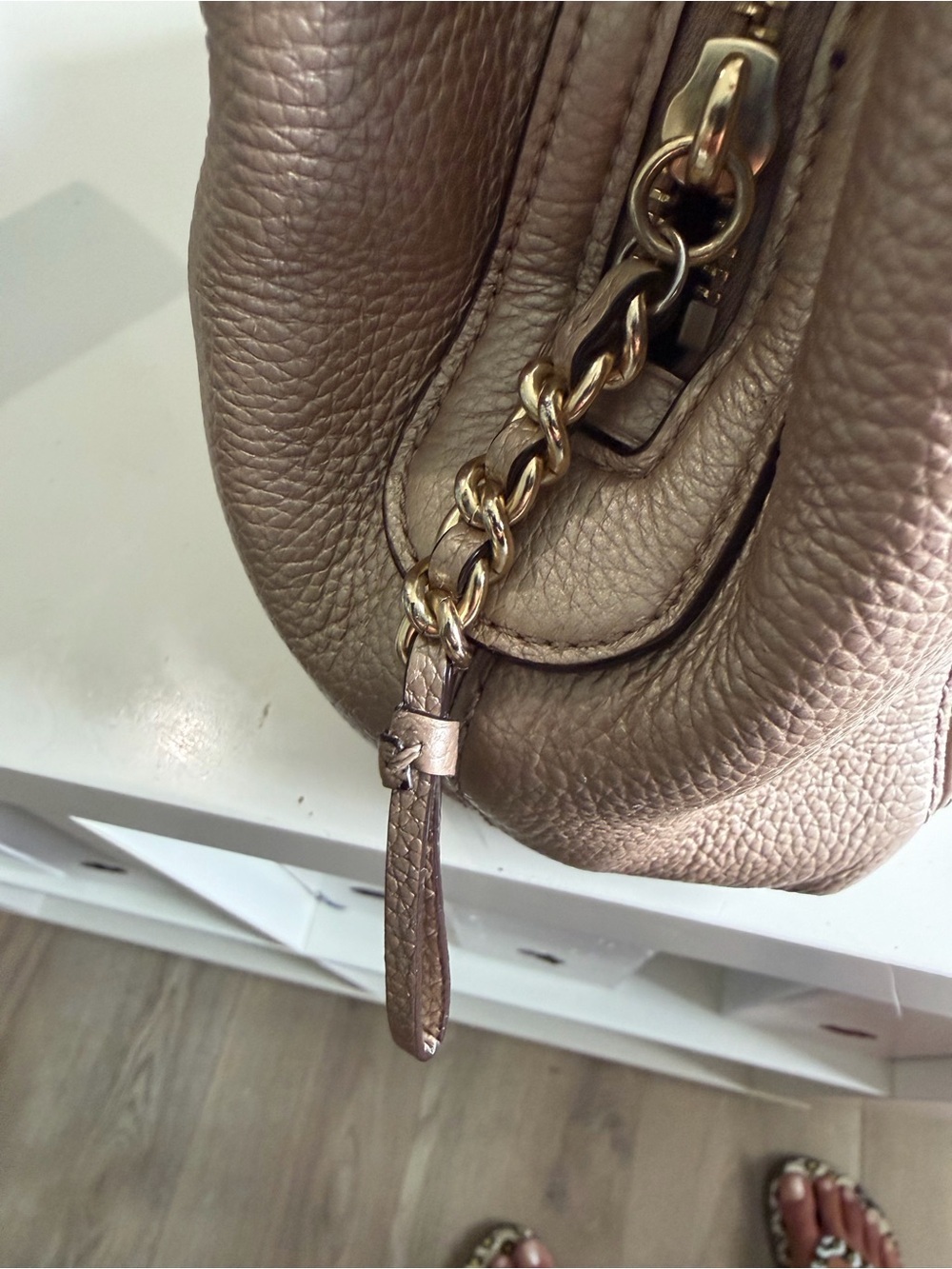 Coach Metallic Champagne Pebbled Leather Chain Shoulder Hobo Bag Gold - Picture 9 of 12